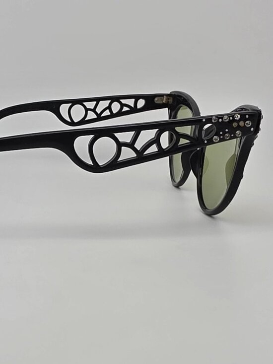 1950’s Black Rhinestone Frame G-15 Green Glass Lens Vintage Cat Eye Sunglasses main image 13